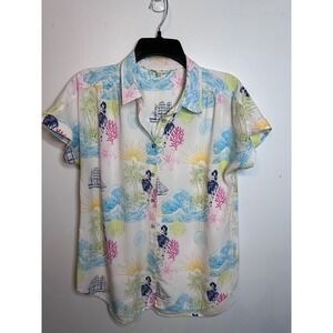 Jane and Delancey Womens Tropical Hula Island Print Rayon Button Down Shirt M
